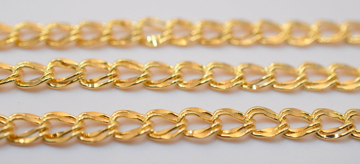 3 feet Gold Filled Look, Flat Parallel Double Link Cuban Chain Diamond Cut Size 7mm, Thickness 1mm 18K  For Jewelry Making...