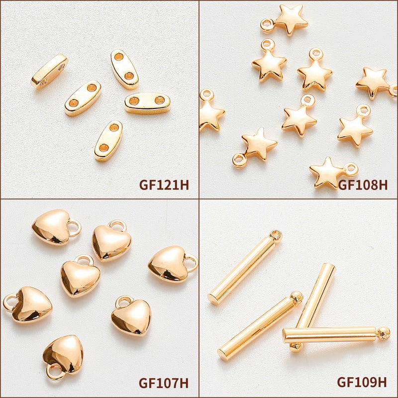 Gold Filled Alternative EP Charm Beads Findings For Jewelry, Heart & Star Charms, Tube Hangers (7x9mm-15mm, Base, Water Resistant)