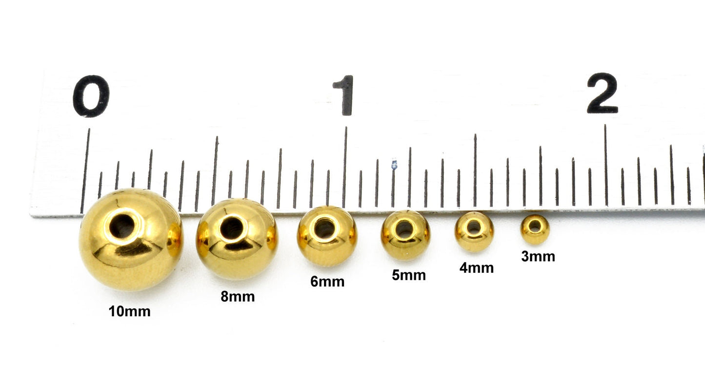 Gold Plated Beads Jewelry Spacer, Seamless Polished Metal (3mm-12mm Sizes, Stainless Steel, Hypoallergenic Crafting)