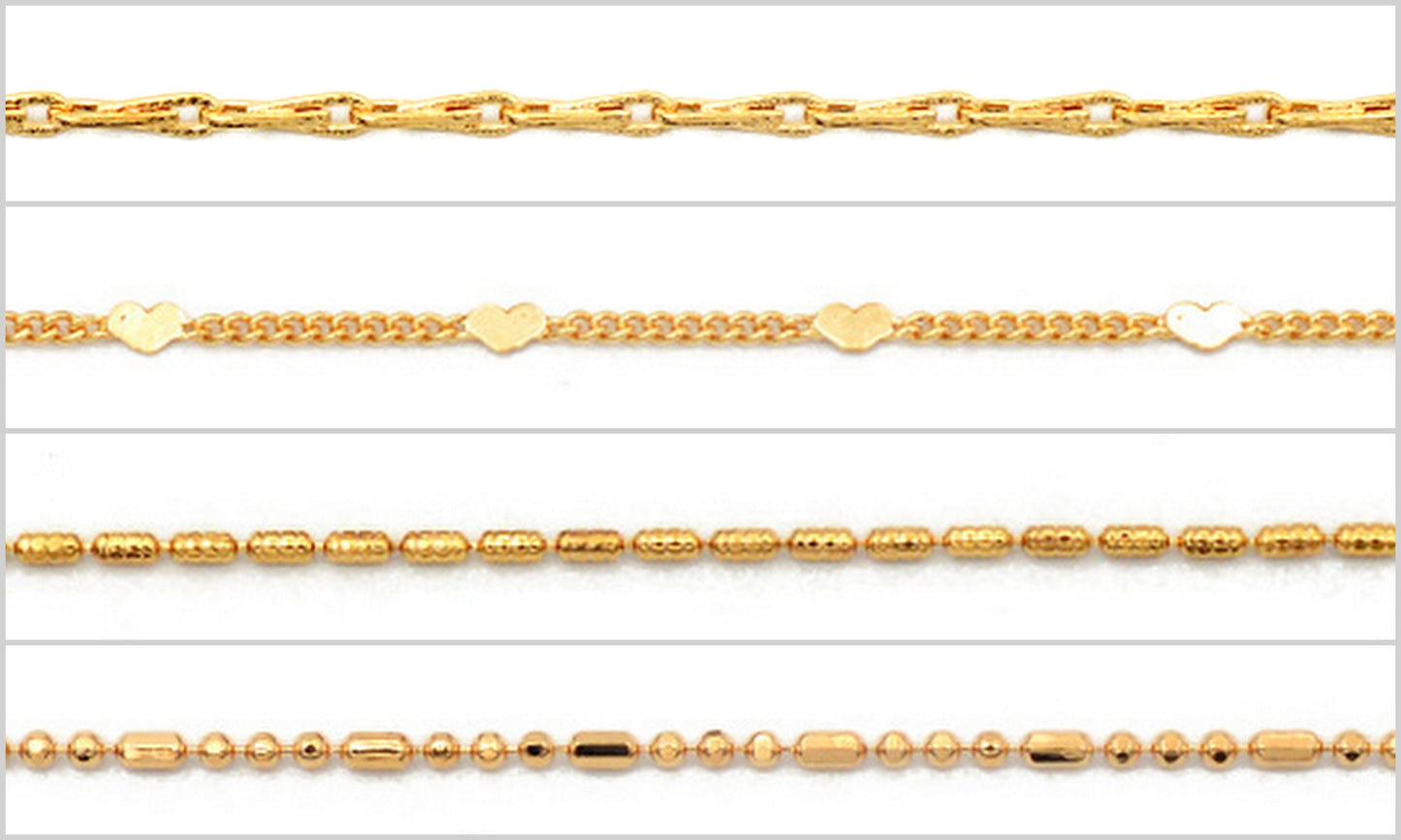 18K Tarnish Resistant Gold Chain Jewelry, Saturn Beaded Barleycorn Link- Heart Cuban - Beaded Tube Cable by Foot
