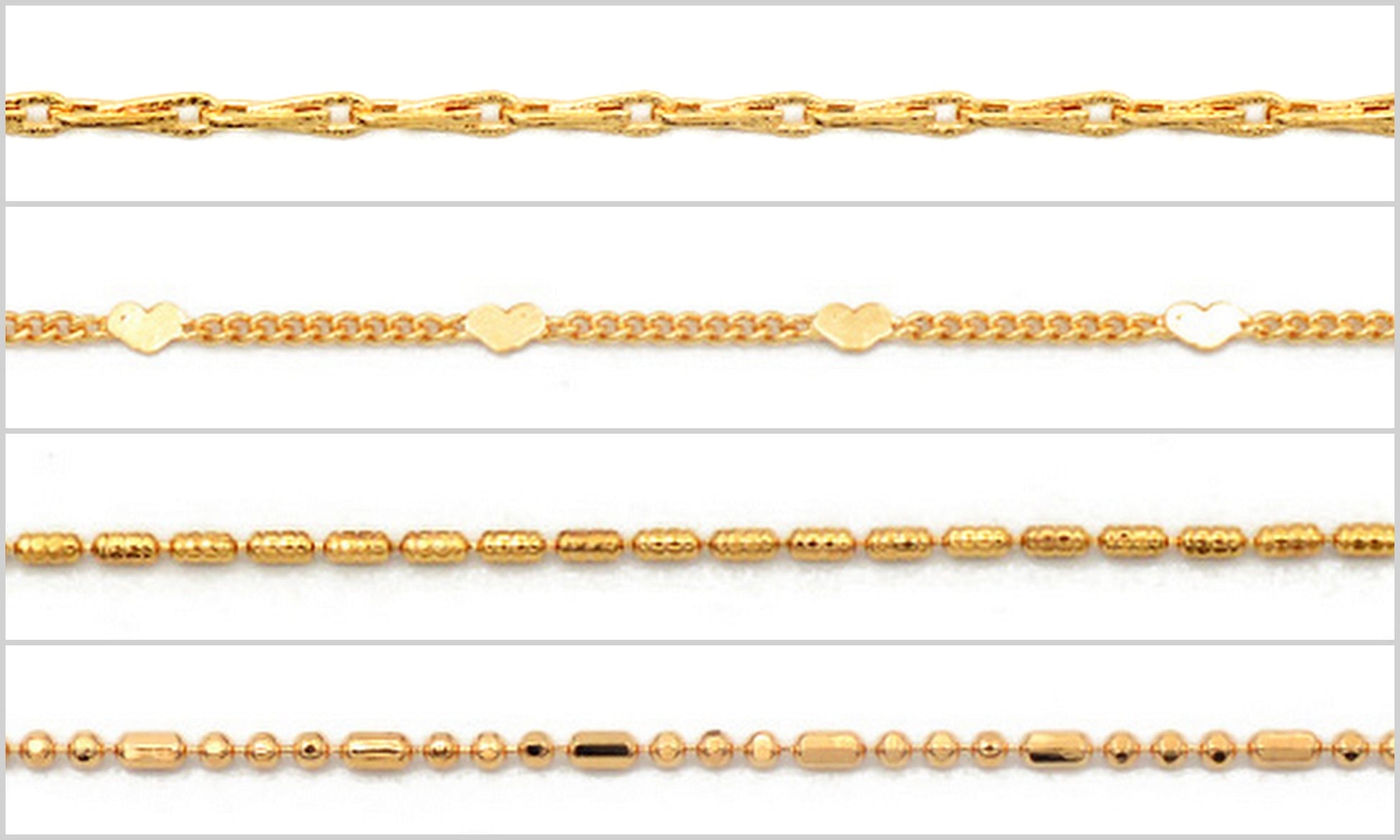 18K Tarnish Resistant Gold Chain Jewelry, Saturn Beaded Barleycorn Link- Heart Cuban - Beaded Tube Cable by Foot