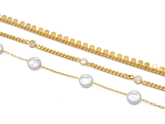 Gold Filled Alternative Cuban Curb Chain Necklace - Pearl Crystal Coin Charms, Gold Filled Alternative, Jewelry Making Supply, 3mm Width