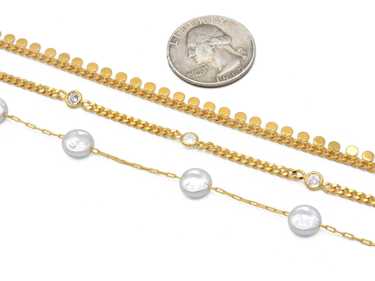 Gold Filled Alternative Cuban Curb Chain Necklace - Pearl Crystal Coin Charms, Gold Filled Alternative, Jewelry Making Supply, 3mm Width