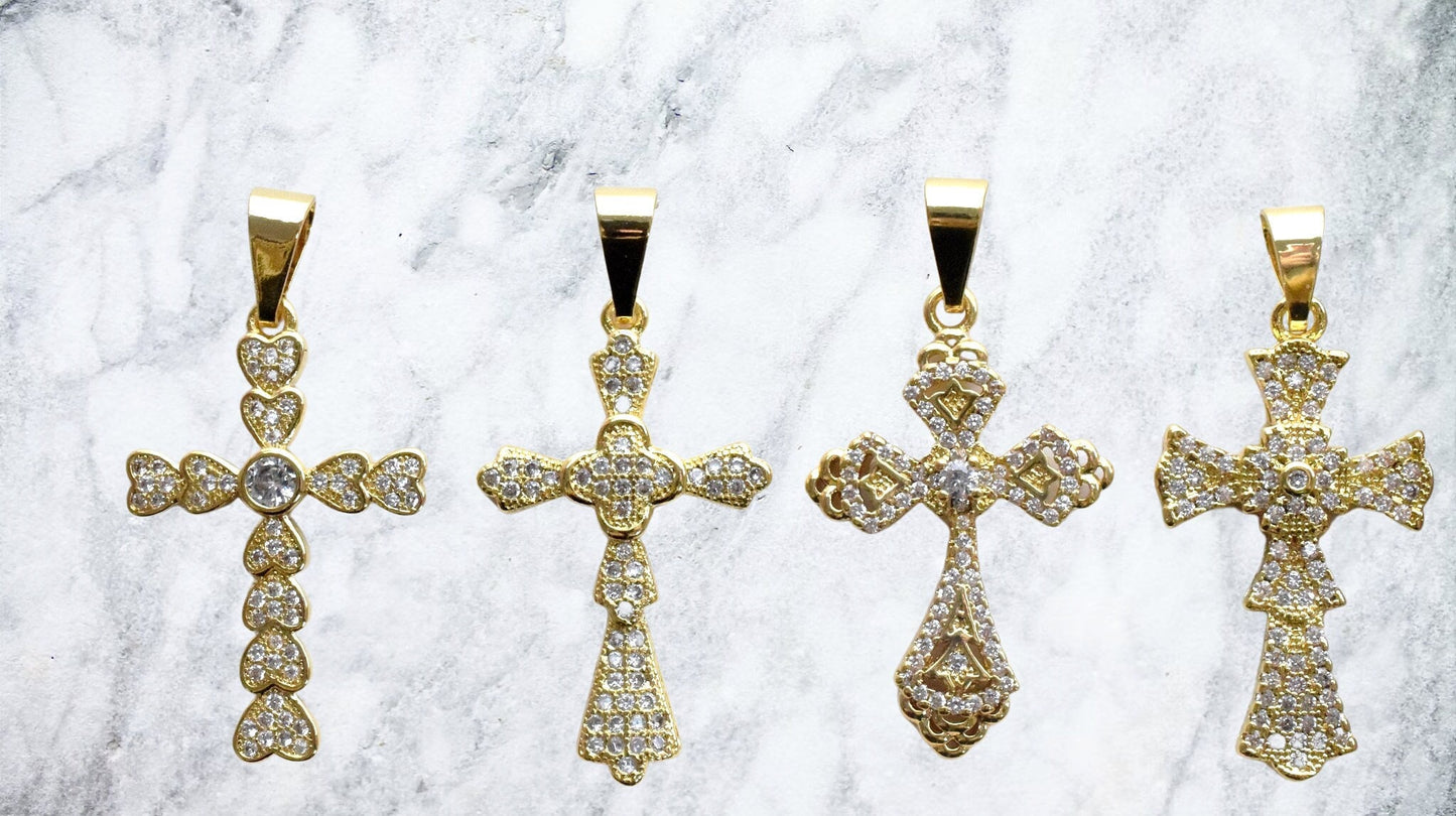 Gold Filled Alternative Round CZ Pave Cross Pendant - Tarnish Resistant Christian Charm - Durable Gold Finish, Small Bail, 37x19mm