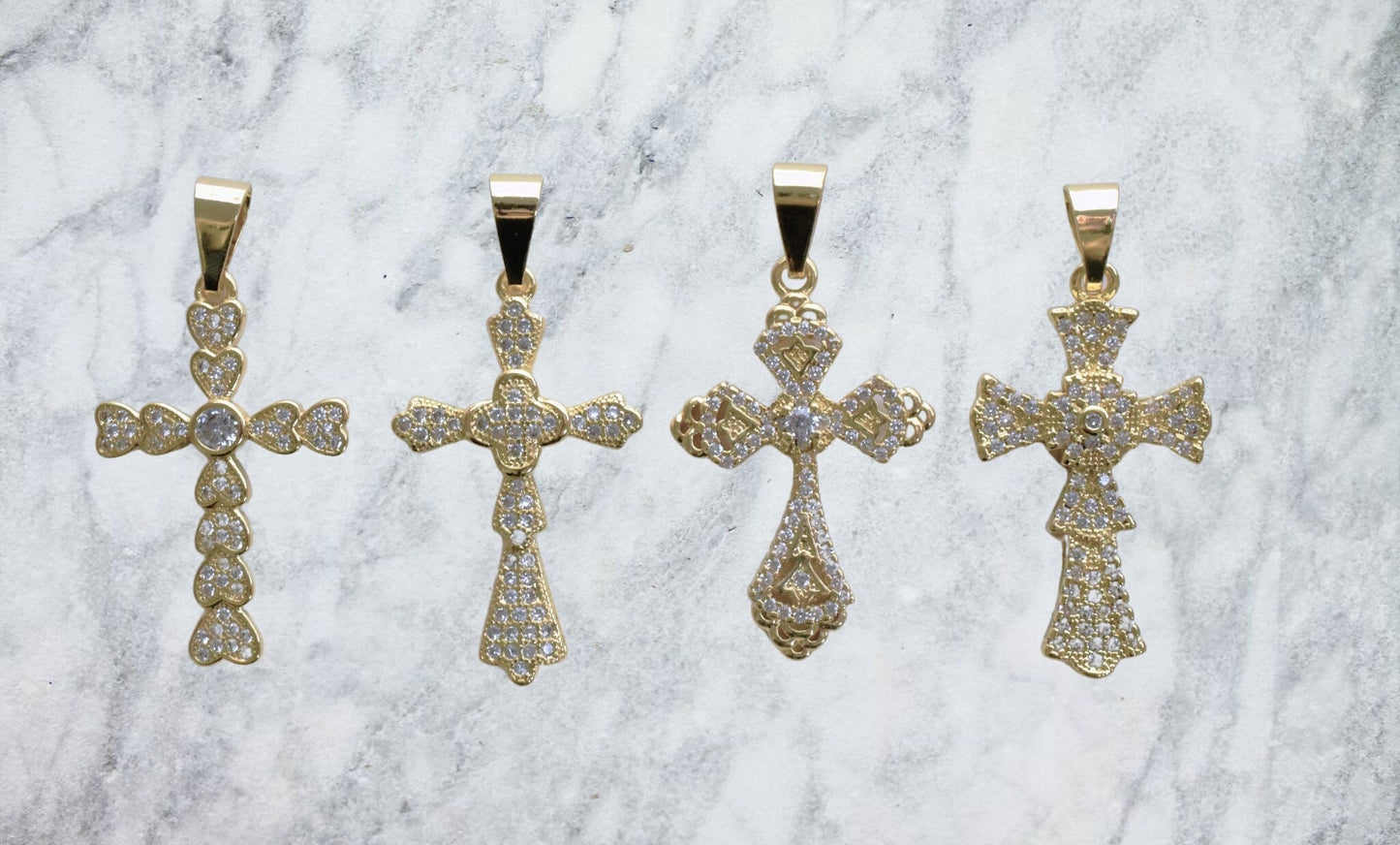 Gold Filled Alternative Round CZ Pave Cross Pendant - Tarnish Resistant Christian Charm - Durable Gold Finish, Small Bail, 37x19mm