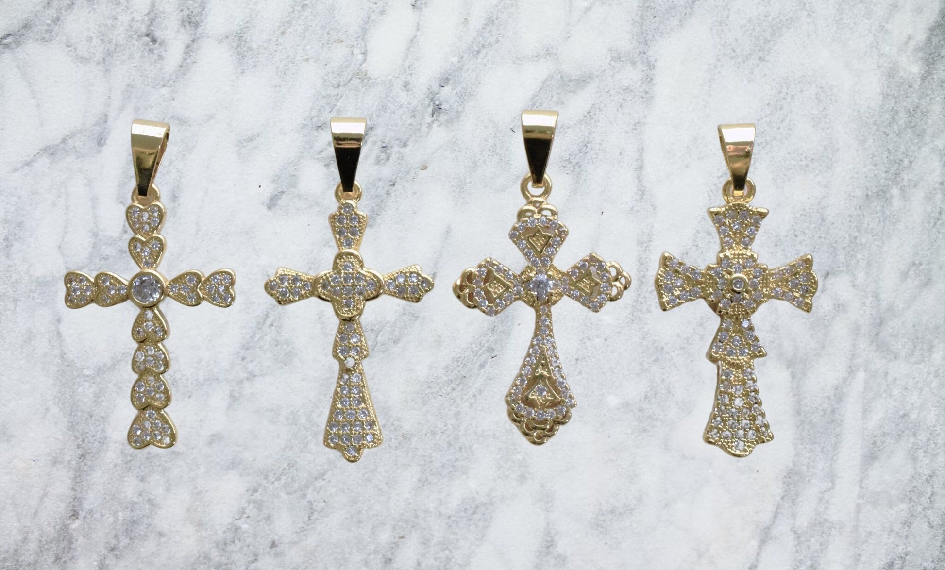 Gold Filled Alternative Round CZ Pave Cross Pendant - Tarnish Resistant Christian Charm - Durable Gold Finish, Small Bail, 37x19mm