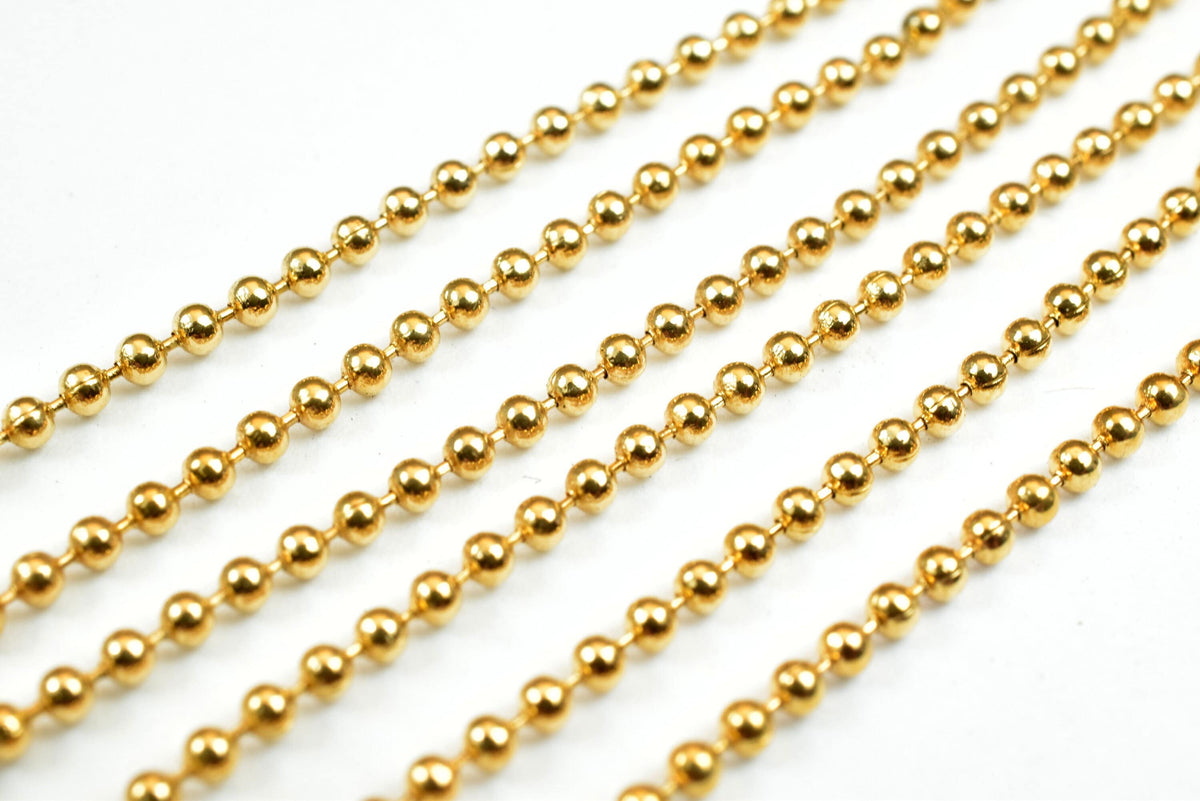 Gold Plated Round Ball Bead Chain: Fine Jewelry Supply, Electroplated 18K Gold Filled Copper (Delicate 1.5mm, Wholesale Lengths)