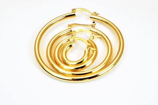 Hoop Earring 18K Tarnish Resistant Gold: Timeless Round Jewelry, Electroplated Gold Over (20-53mm, Thickness 3mm)