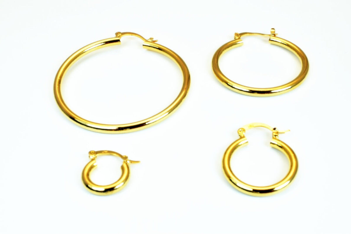 Hoop Earring 18K Tarnish Resistant Gold: Timeless Round Jewelry, Electroplated Gold Over (20-53mm, Thickness 3mm)