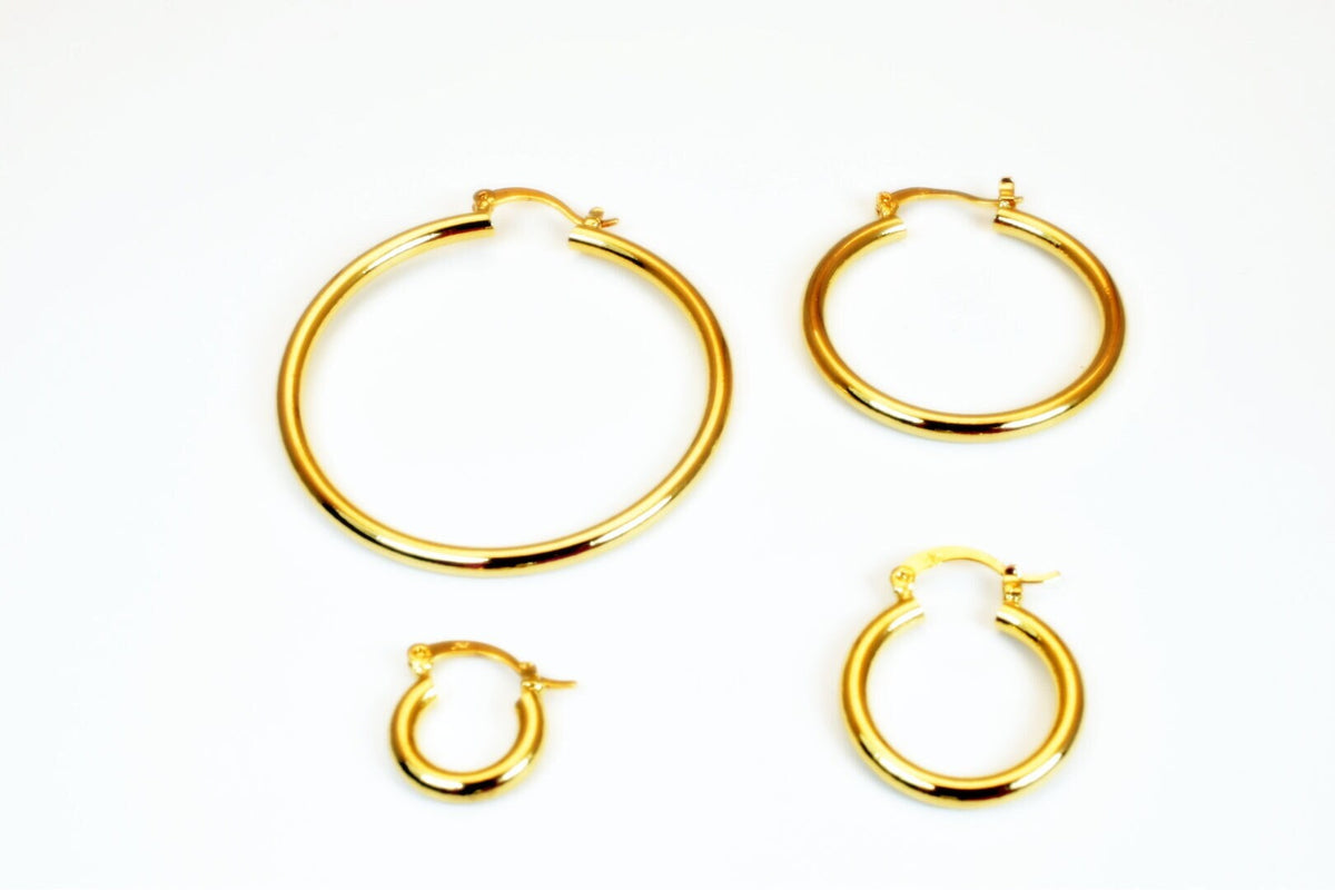Hoop Earring 18K Tarnish Resistant Gold: Timeless Round Jewelry, Electroplated Gold Over (20-53mm, Thickness 3mm)