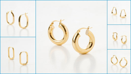 A collection of gold-filled hoop earrings in rectangle, round, and oval shapes, displayed in various sizes.