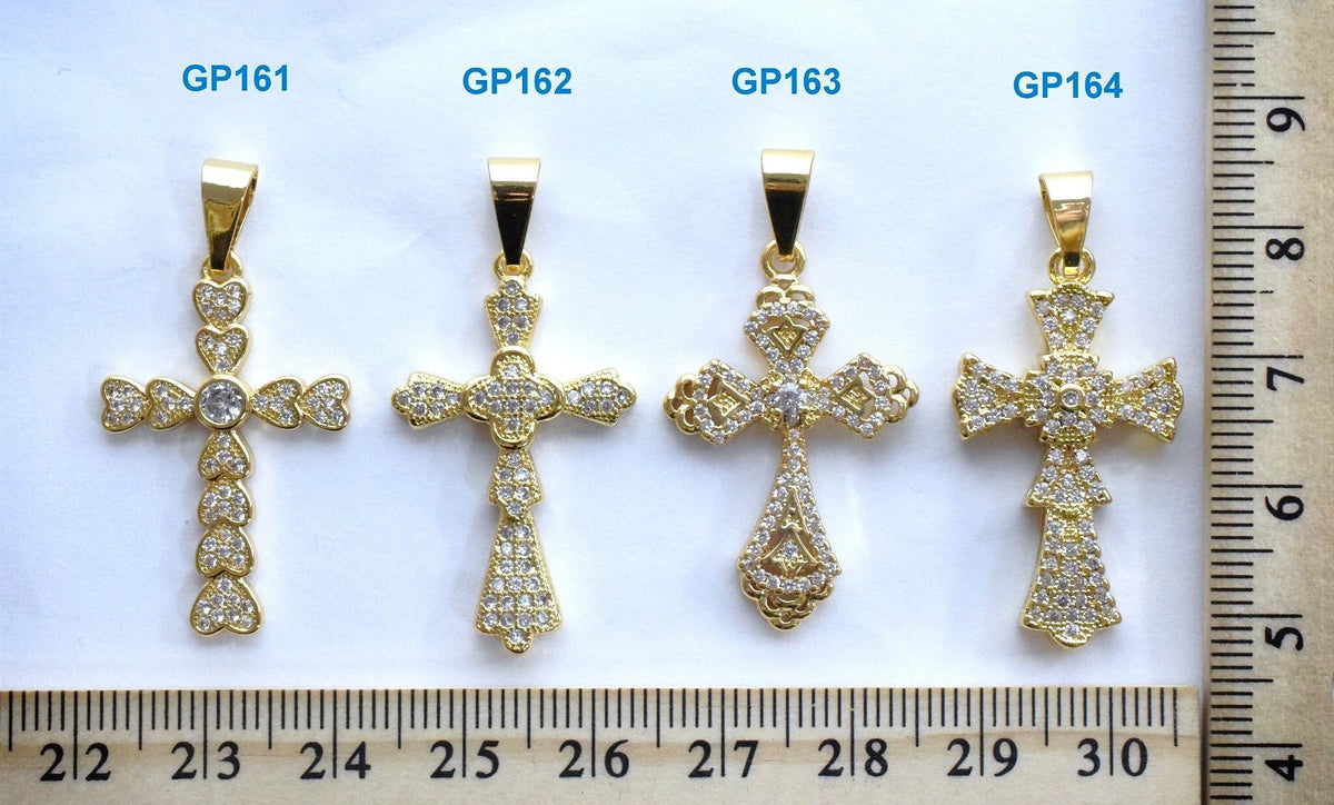 Gold Filled Alternative Round CZ Pave Cross Pendant - Tarnish Resistant Christian Charm - Durable Gold Finish, Small Bail, 37x19mm