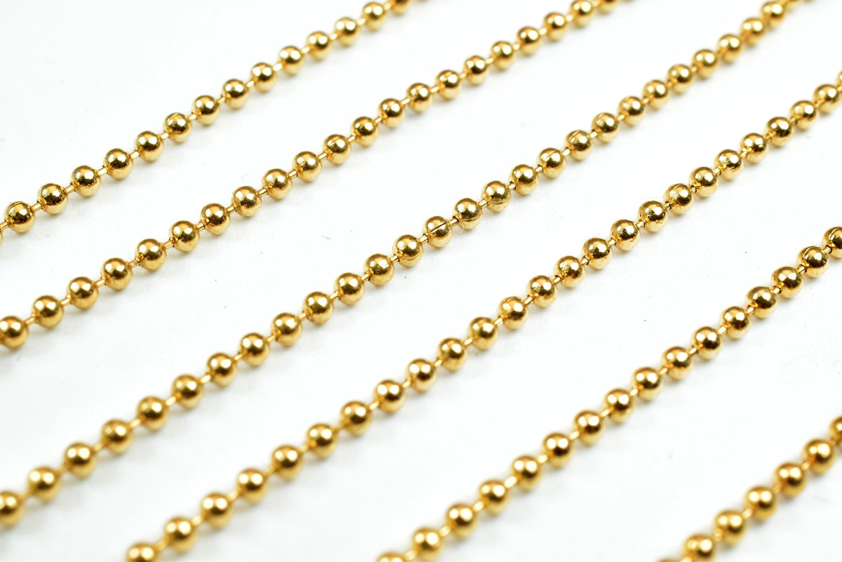 Gold Plated Round Ball Bead Chain: Fine Jewelry Supply, Electroplated 18K Gold Filled Copper (Delicate 1.5mm, Wholesale Lengths)