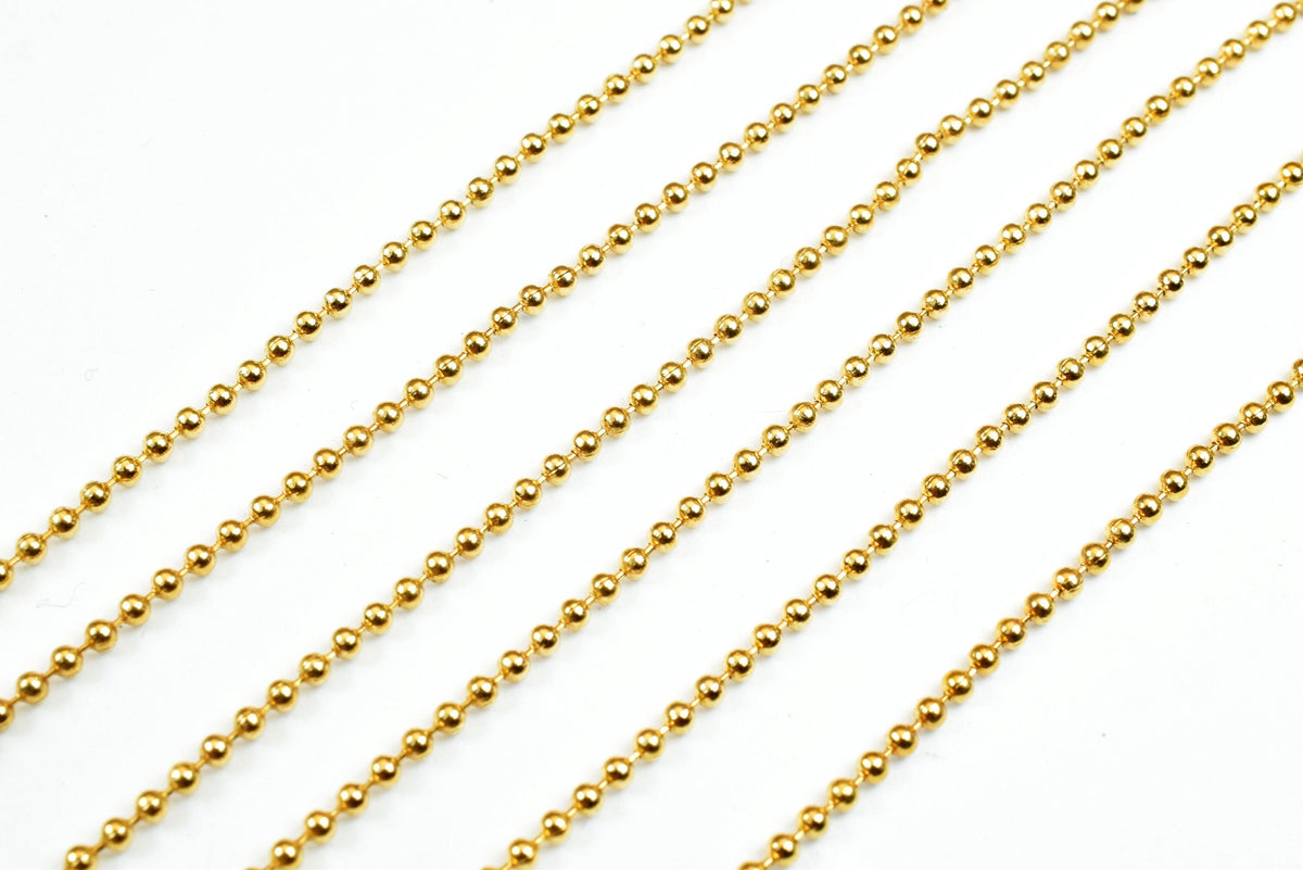 Gold Plated Round Ball Bead Chain: Fine Jewelry Supply, Electroplated 18K Gold Filled Copper (Delicate 1.5mm, Wholesale Lengths)