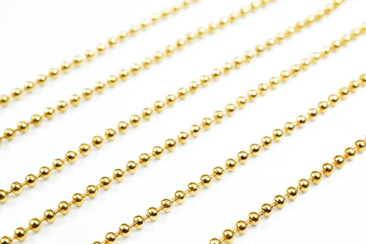 Gold Plated Round Ball Bead Chain: Fine Jewelry Supply, Electroplated 18K Gold Filled Copper (Delicate 1.5mm, Wholesale Lengths)