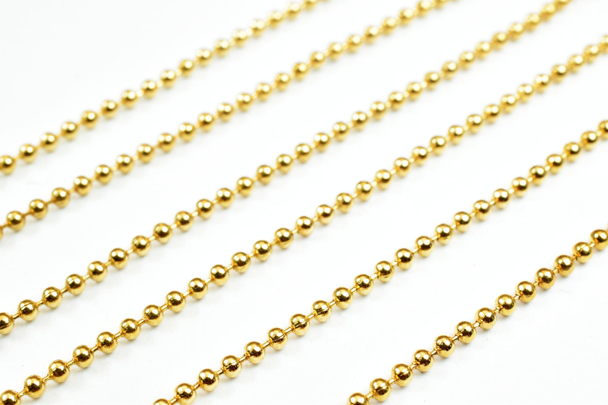 Gold Plated Round Ball Bead Chain: Fine Jewelry Supply, Electroplated 18K Gold Filled Copper (Delicate 1.5mm, Wholesale Lengths)