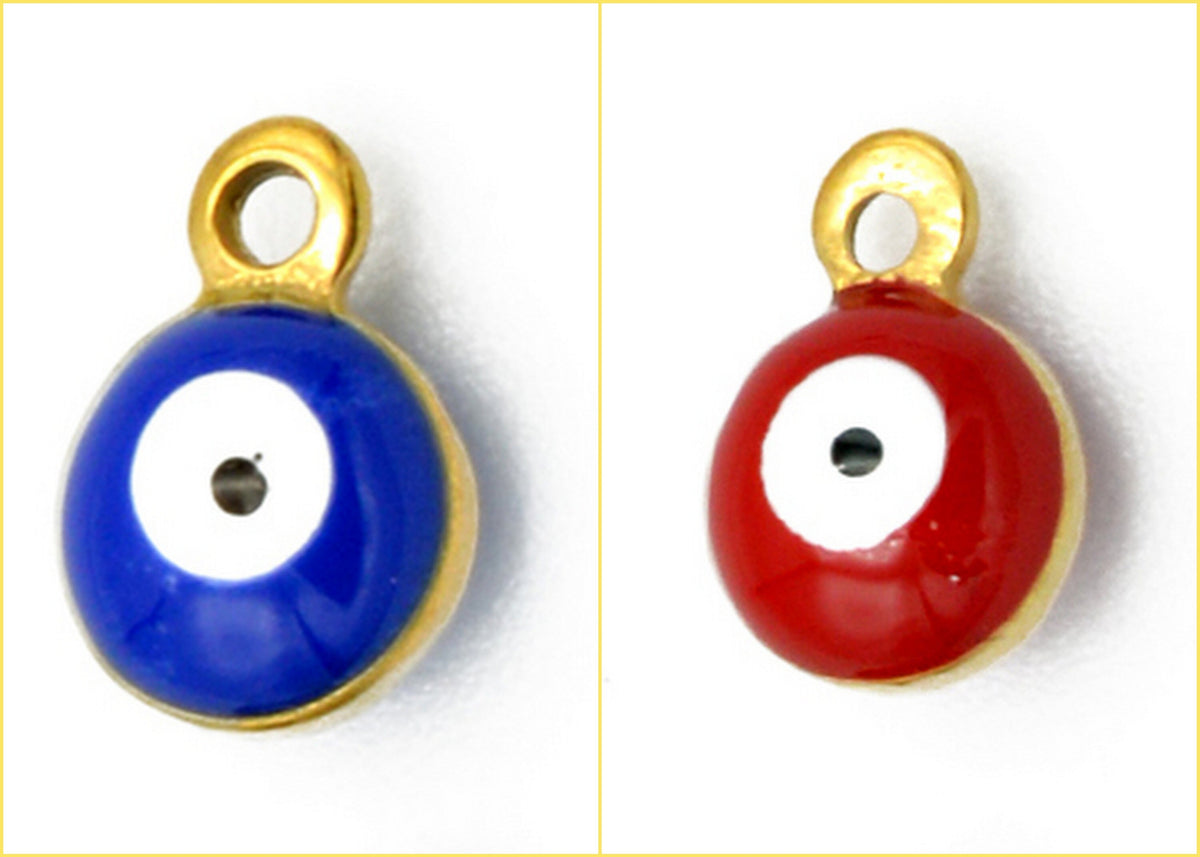 Evil Eye Gold Framed Charm - Blue Red Stainless Steel Pendant - Gold Plated, Craft Supplies, Protective Jewelry Component