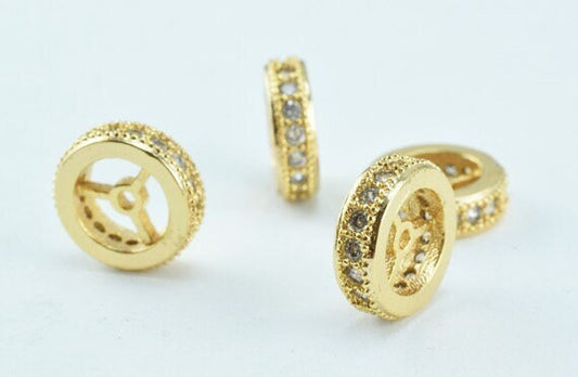 18k 10mm Roundel Gold Filled Look, EP Micro Pave Beads with Clear CZ Cubic Zirconia jewelry making supplies - detail image 2