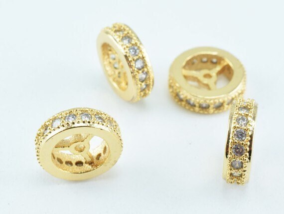 18k 10mm Roundel Gold Filled Look, EP Micro Pave Beads with Clear CZ Cubic Zirconia jewelry making supplies - detail image 3