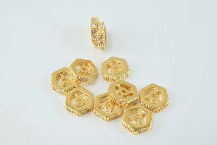 10mm Roundel 18k Gold Filled Look, EP Micro Pave Beads with Clear CZ Cubic Zirconia  GFM14G jewelry making supplies - deta...