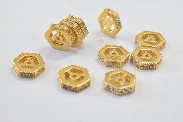 10mm Roundel 18k Gold Filled Look, EP Micro Pave Beads with Clear CZ Cubic Zirconia  GFM14G jewelry making supplies - deta...