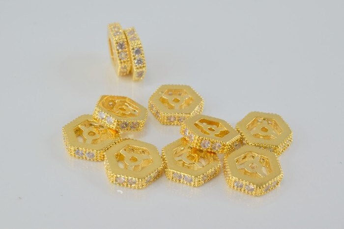 10mm Roundel 18k Gold Filled Look, EP Micro Pave Beads with Clear CZ Cubic Zirconia  GFM14G jewelry making supplies - deta...