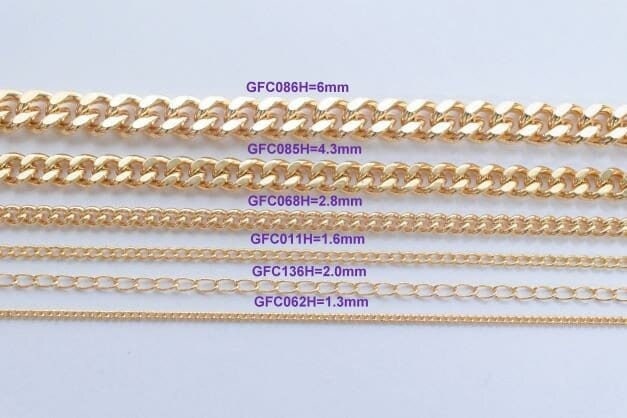 18K Gold Filled Look,Cuban Link Chain, Customize necklace Findings for Jewelry 3 Feet Wholesale Sizes 1.3mm, 1.6mm,2mm,2.8...