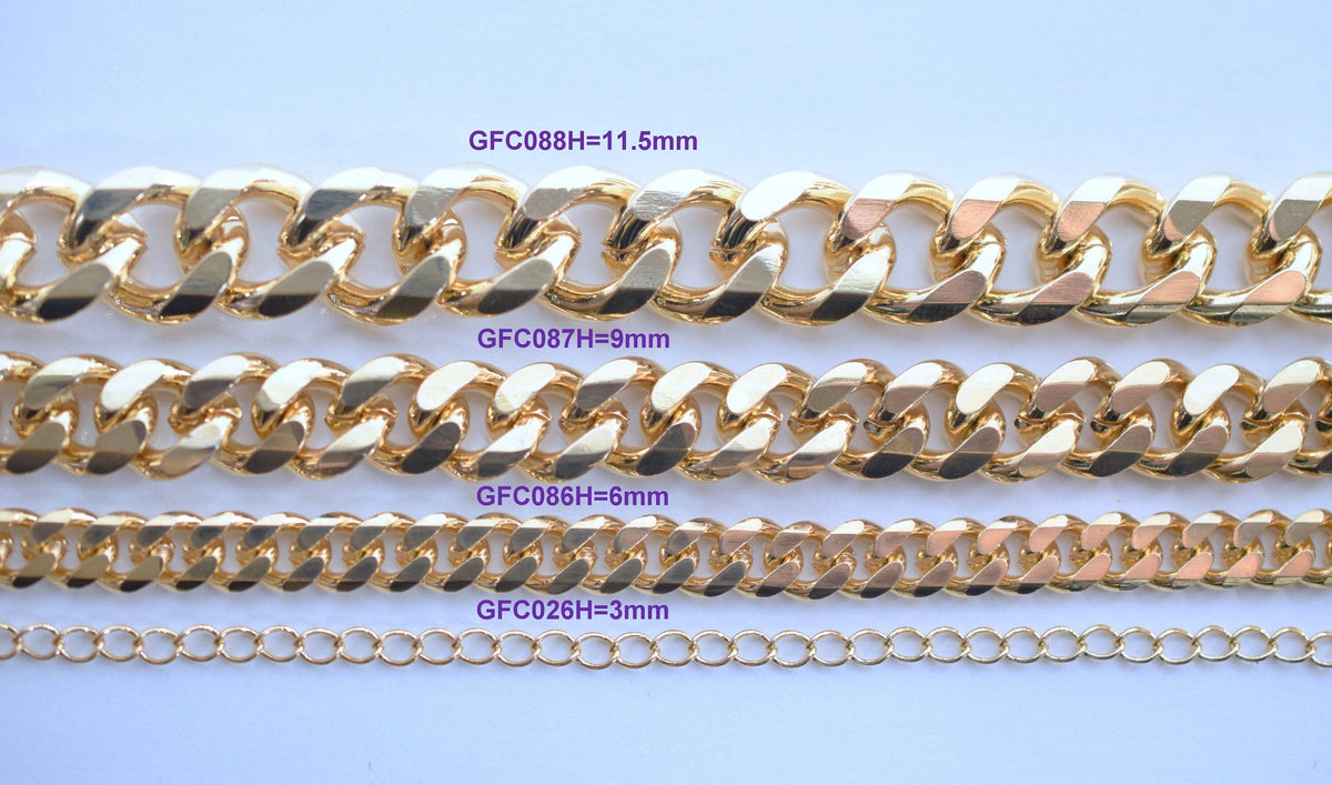 18K Gold Filled Look,Cuban Link Chain, Customize necklace Findings for Jewelry 3 Feet Wholesale Sizes 1.3mm, 1.6mm,2mm,2.8...