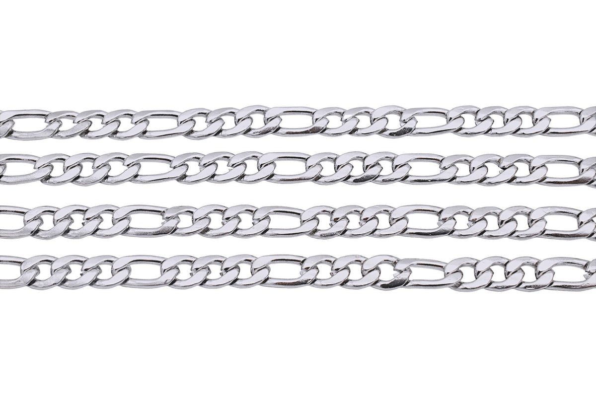 Figaro Link Chain - Durable Stainless Steel Jewelry Chain - Silver Tone, Classic Pattern, 3mm to 6mm Sizes for DIY