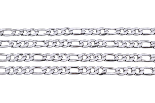 Figaro Link Chain - Durable Stainless Steel Jewelry Chain - Silver Tone, Classic Pattern, 3mm to 6mm Sizes for DIY