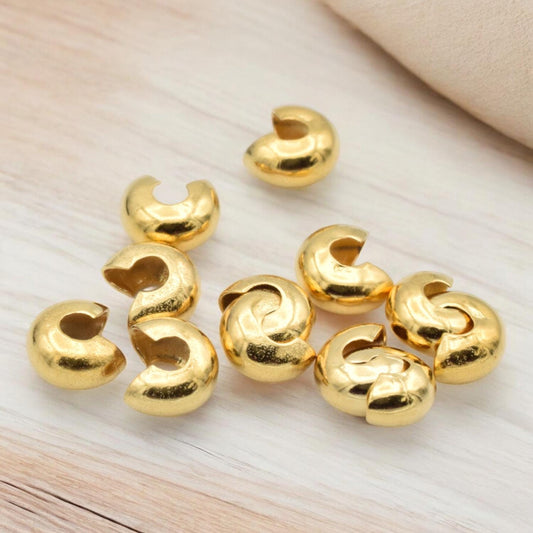 Gold Stainless Steel Crimp Cover Beads, Polished Finish, Jewelry Making DIY (3-5mm)