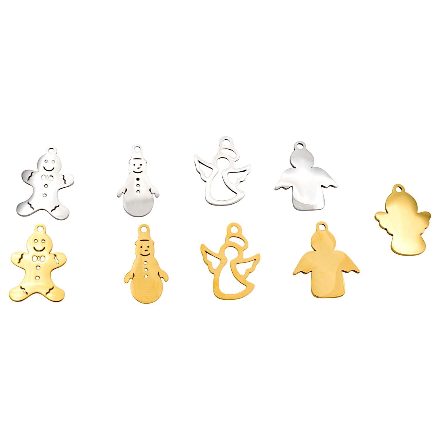 Angel Pendant Charms Holiday Collection: Stainless Steel Festive Motifs for Jewelry Making (Snowman, Gingerbread Man, Angels, 6pcs)