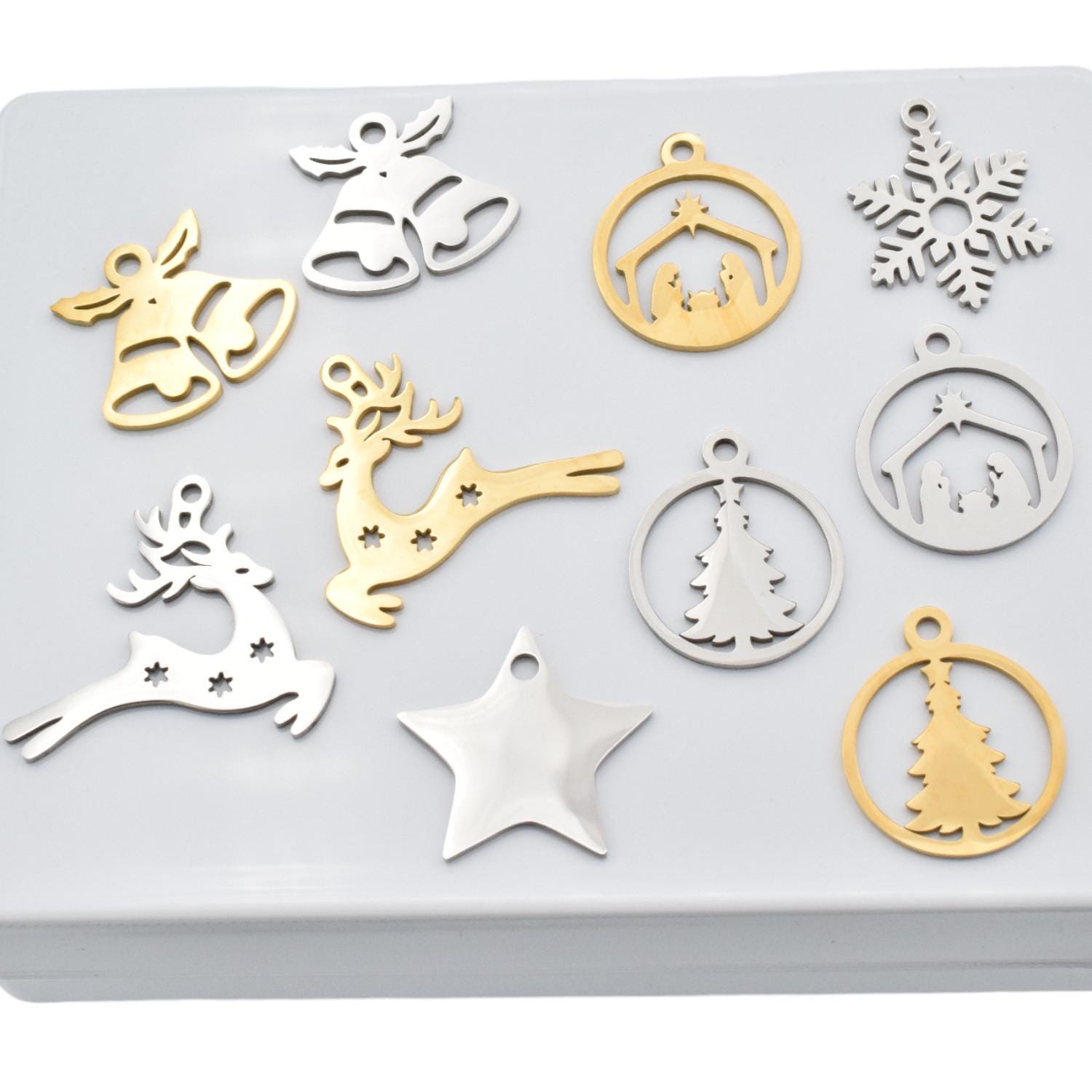 Nativity Scene Charm Set: Elegant Gold & Silver Holiday Pendants (6pcs, Stainless Steel, Classic Christmas Symbols for Crafts)