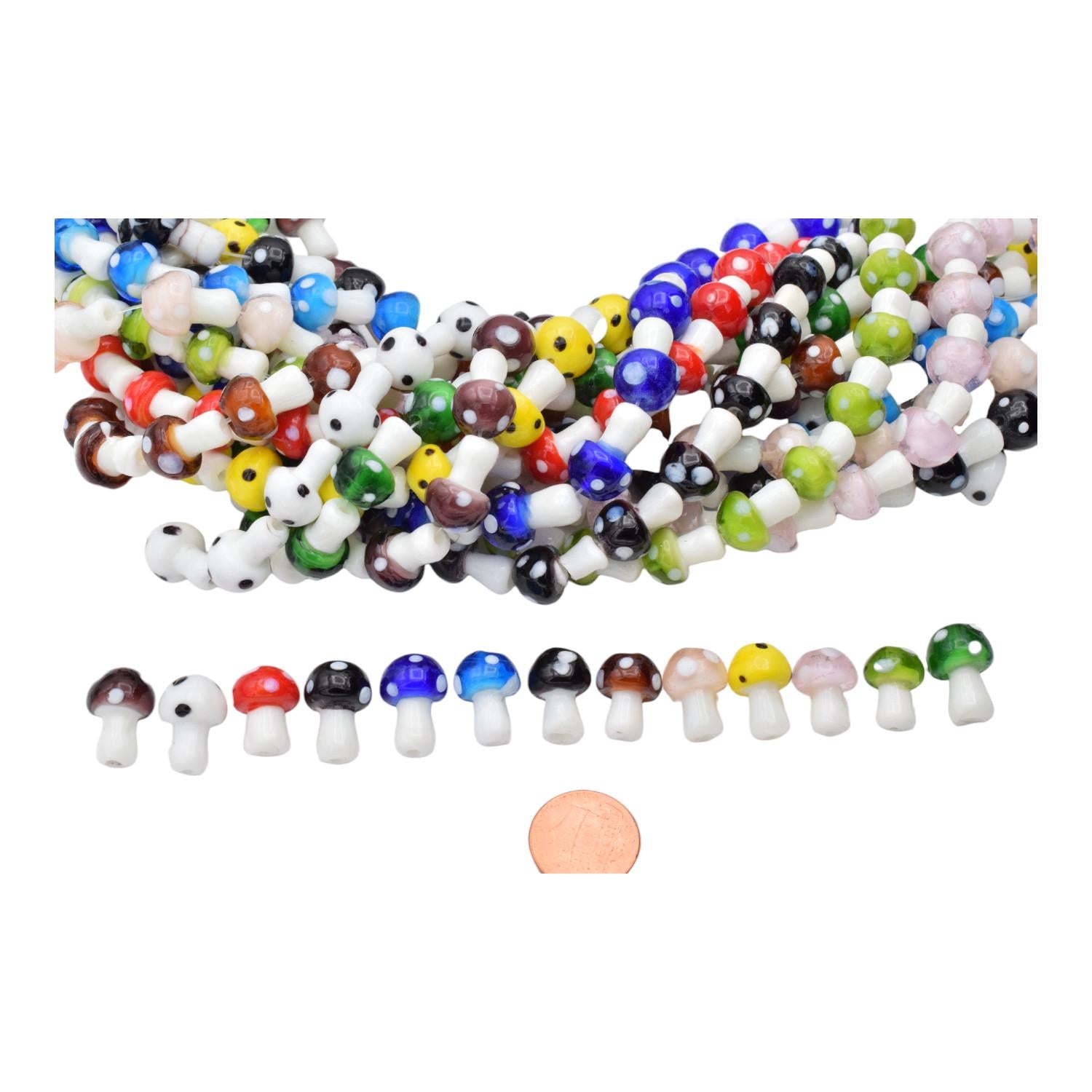 Mushroom Glass Beads - Artisan Lampwork Pendants, Vibrant Colors, 20pcs Strand, Nature Charms, Craft Supplies for Jewelry Making