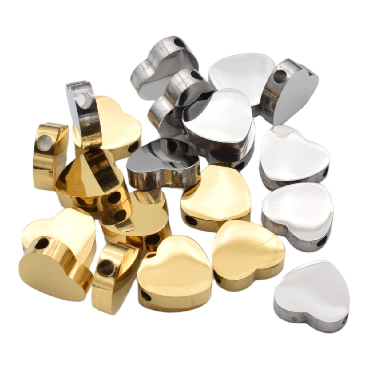 Heart Slider Beads - Classic Stainless Steel Jewelry Parts - 10mm Polished Hearts, 12pcs Pack, DIY Craft Use