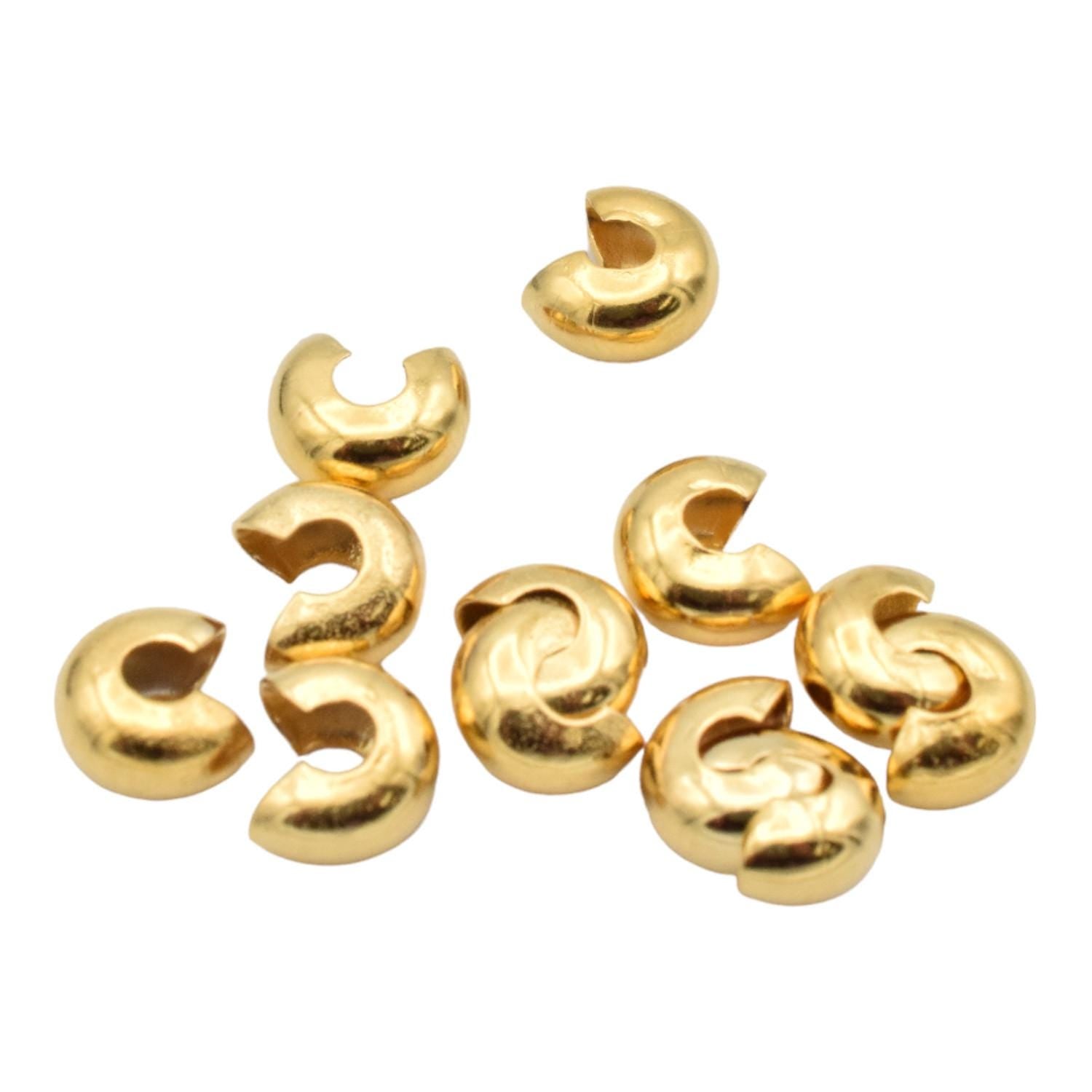 Gold Stainless Steel Crimp Cover Beads, Polished Finish, Jewelry Making DIY (3-5mm)