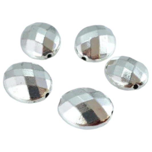 Faceted Disco Oval Matte Silver Spacer, Charm Pendant Beads, 11x14mm (7mm Hole, Alloy Metal, Pack of 5pcs)