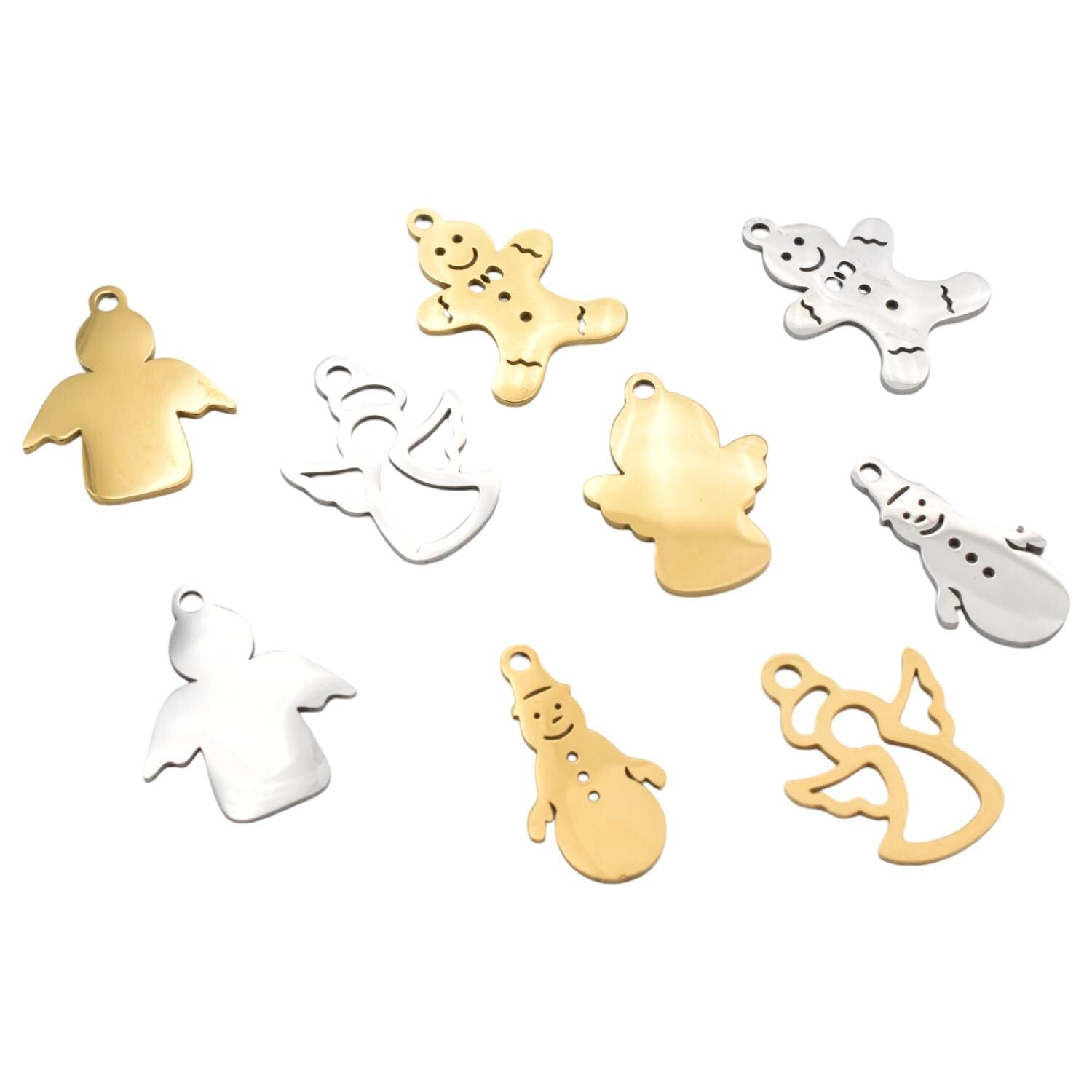 Angel Pendant Charms Holiday Collection: Stainless Steel Festive Motifs for Jewelry Making (Snowman, Gingerbread Man, Angels, 6pcs)