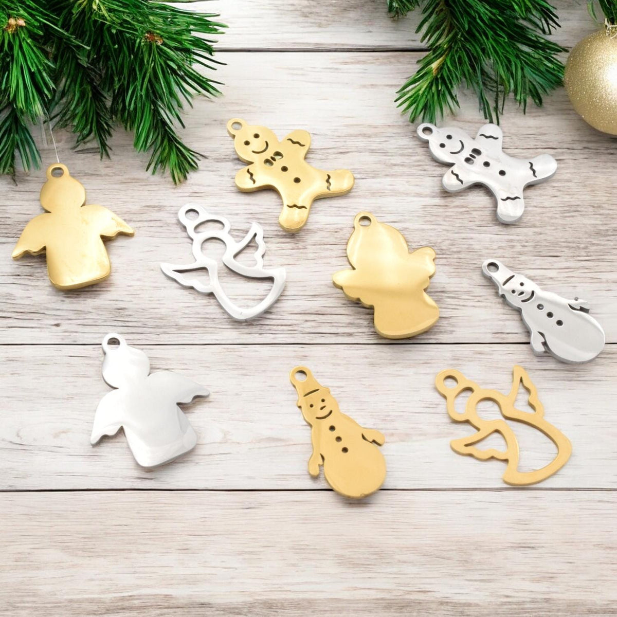 Festive Stainless Steel Charms for Jewelry Making – Holiday & Christmas Collection Angels Snowman Gingerbread man 6pcs/pk...