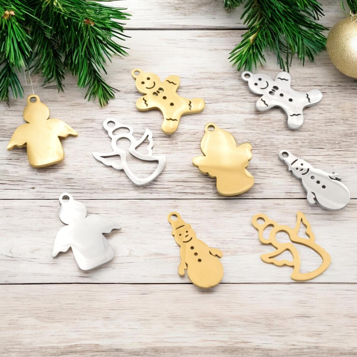 Angel Pendant Charms Holiday Collection: Stainless Steel Festive Motifs for Jewelry Making (Snowman, Gingerbread Man, Angels, 6pcs)