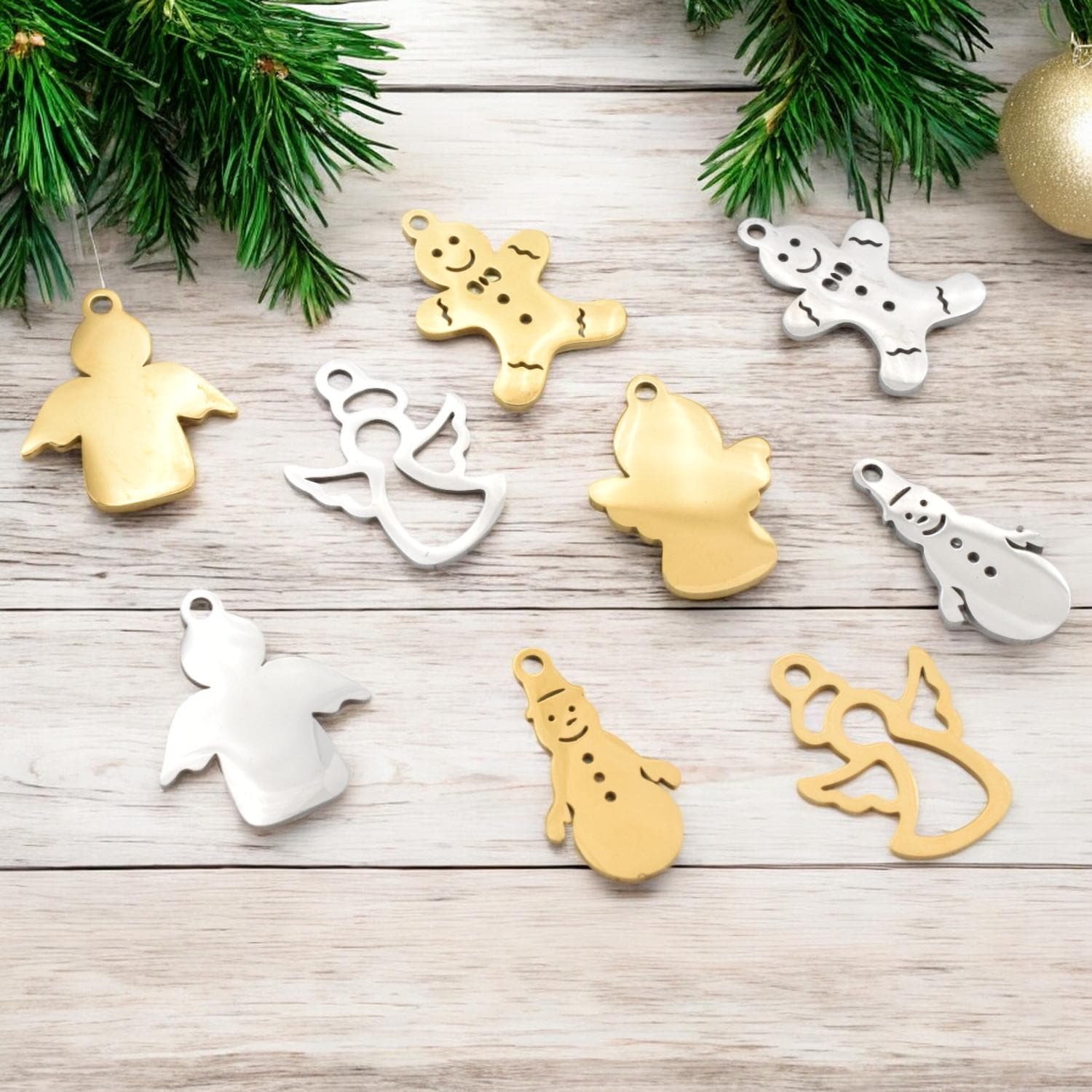 Angel Pendant Charms Holiday Collection: Stainless Steel Festive Motifs for Jewelry Making (Snowman, Gingerbread Man, Angels, 6pcs)