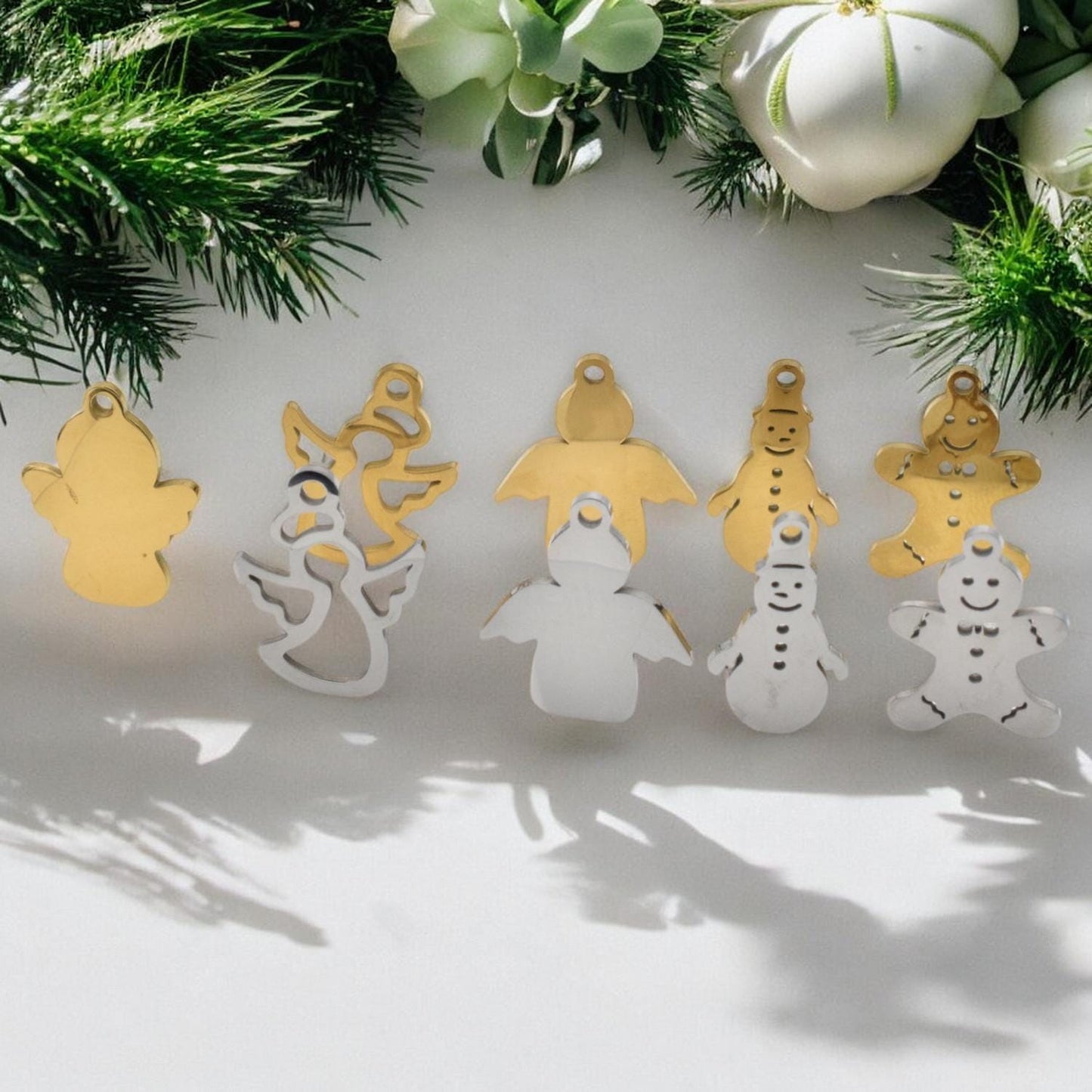 Angel Pendant Charms Holiday Collection: Stainless Steel Festive Motifs for Jewelry Making (Snowman, Gingerbread Man, Angels, 6pcs)