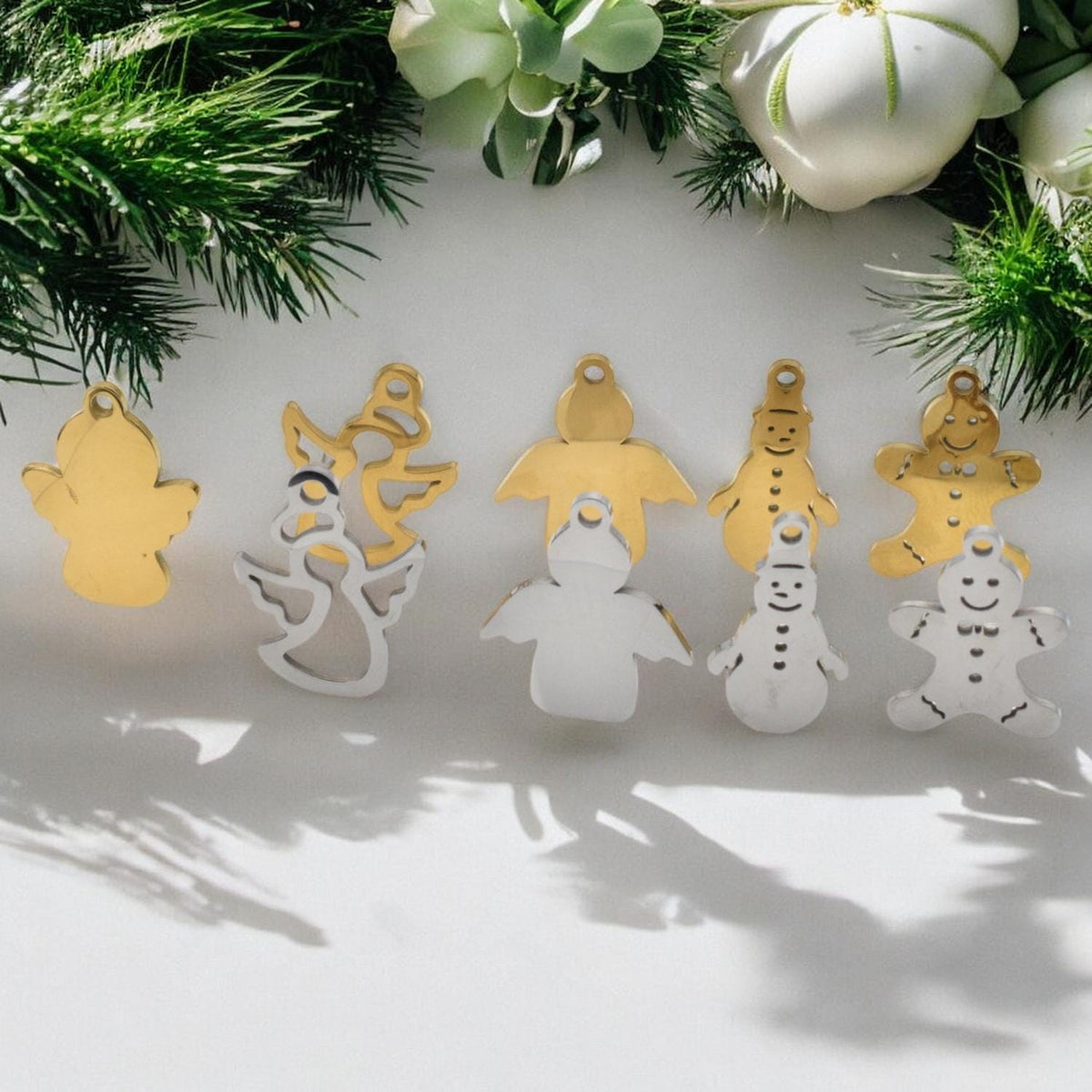 Angel Pendant Charms Holiday Collection: Stainless Steel Festive Motifs for Jewelry Making (Snowman, Gingerbread Man, Angels, 6pcs)