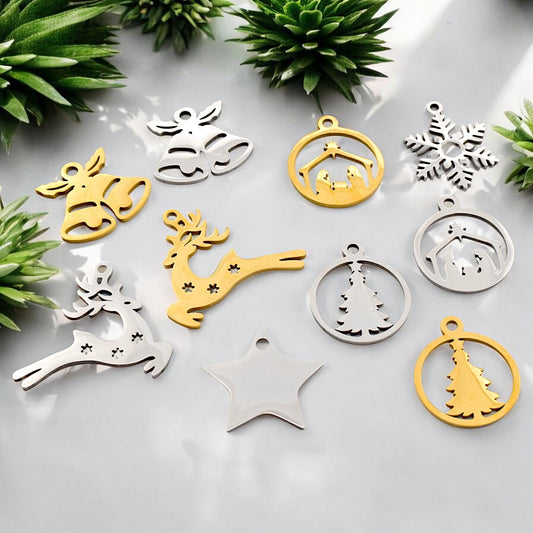 Festive Stainless Steel Charms  Holiday and Christmas collection tree snowflake bells Star reindeer nativity scene 6pcs/pk...