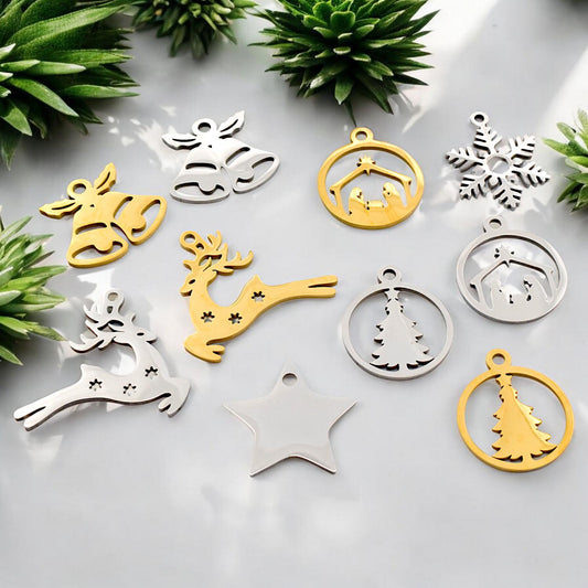 Nativity Scene Charm Set: Elegant Gold & Silver Holiday Pendants (6pcs, Stainless Steel, Classic Christmas Symbols for Crafts)