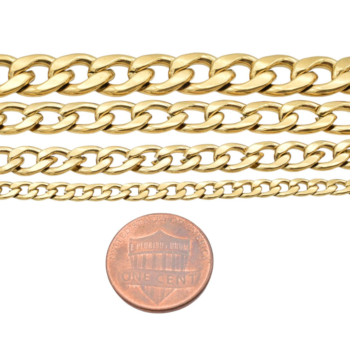 18K Boutique Gold Stainless Steel Curb Chain: Tarnish-Free Waterproof Finish, Sizes 4mm-10mm | Hypoallergenic, Durable | Supply By Yard