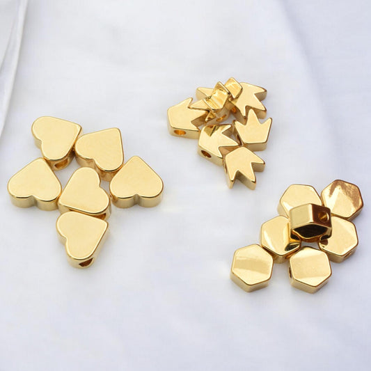 Gold Filled Look Spacer charm beads for jewelry making heart, crown, hexagon beads 6pcs/pk 14k jewelry making supplies - d...