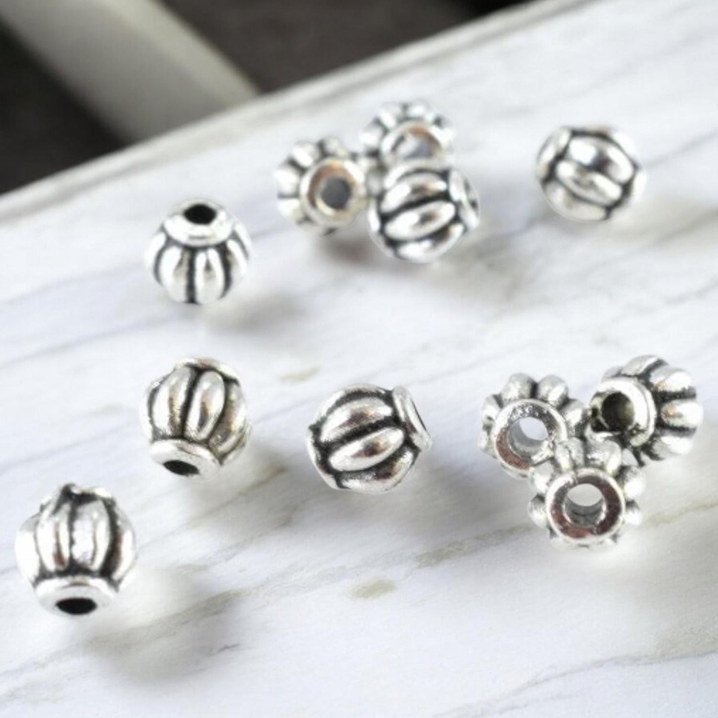 4mm Antique Silver Ridge Round Ball Beads: Textured Vintage Style, 50pcs Pack | Metal, Small Hole, 14g