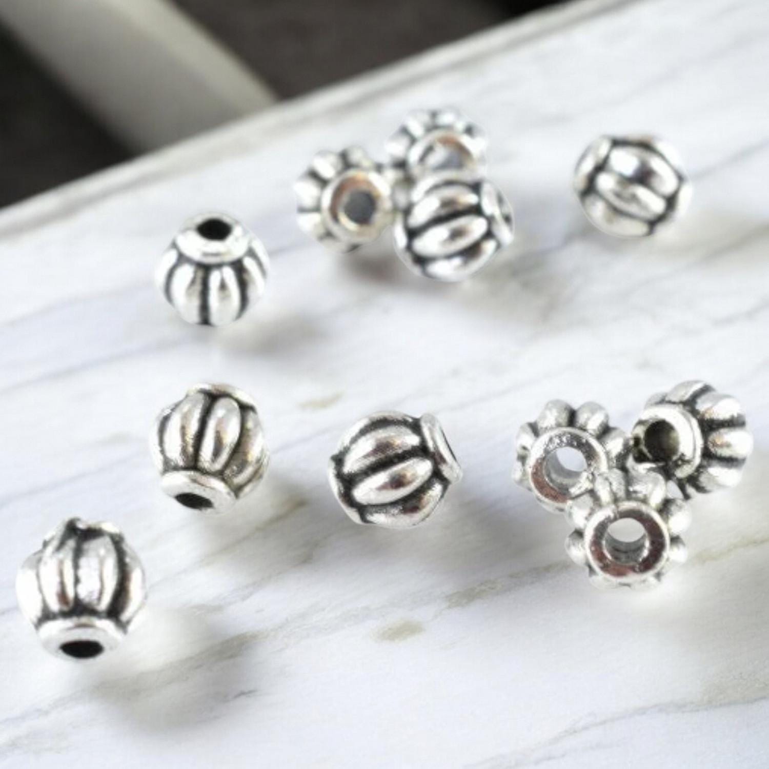 4mm Antique Silver Ridge Round Ball Beads: Textured Vintage Style, 50pcs Pack | Metal, Small Hole, 14g