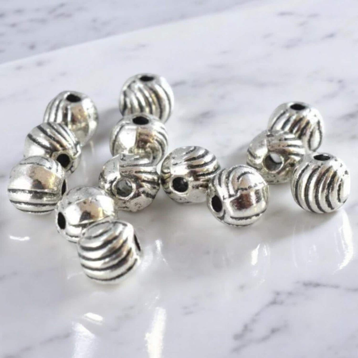 5mm Antique Ridge Beads - Vintage Style Silver Round Metal Beads - 1.5mm Hole Opening, 40pcs Pack, Jewelry Crafting Supplies